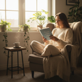 Mujer leyendo Fórmula de Vida Plena junto a una ventana con luz natural y plantas