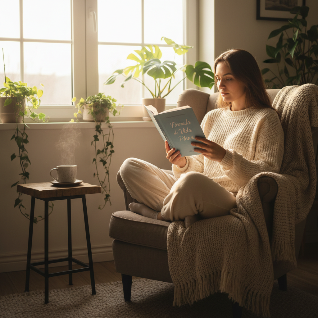 Mujer leyendo Fórmula de Vida Plena junto a una ventana con luz natural y plantas